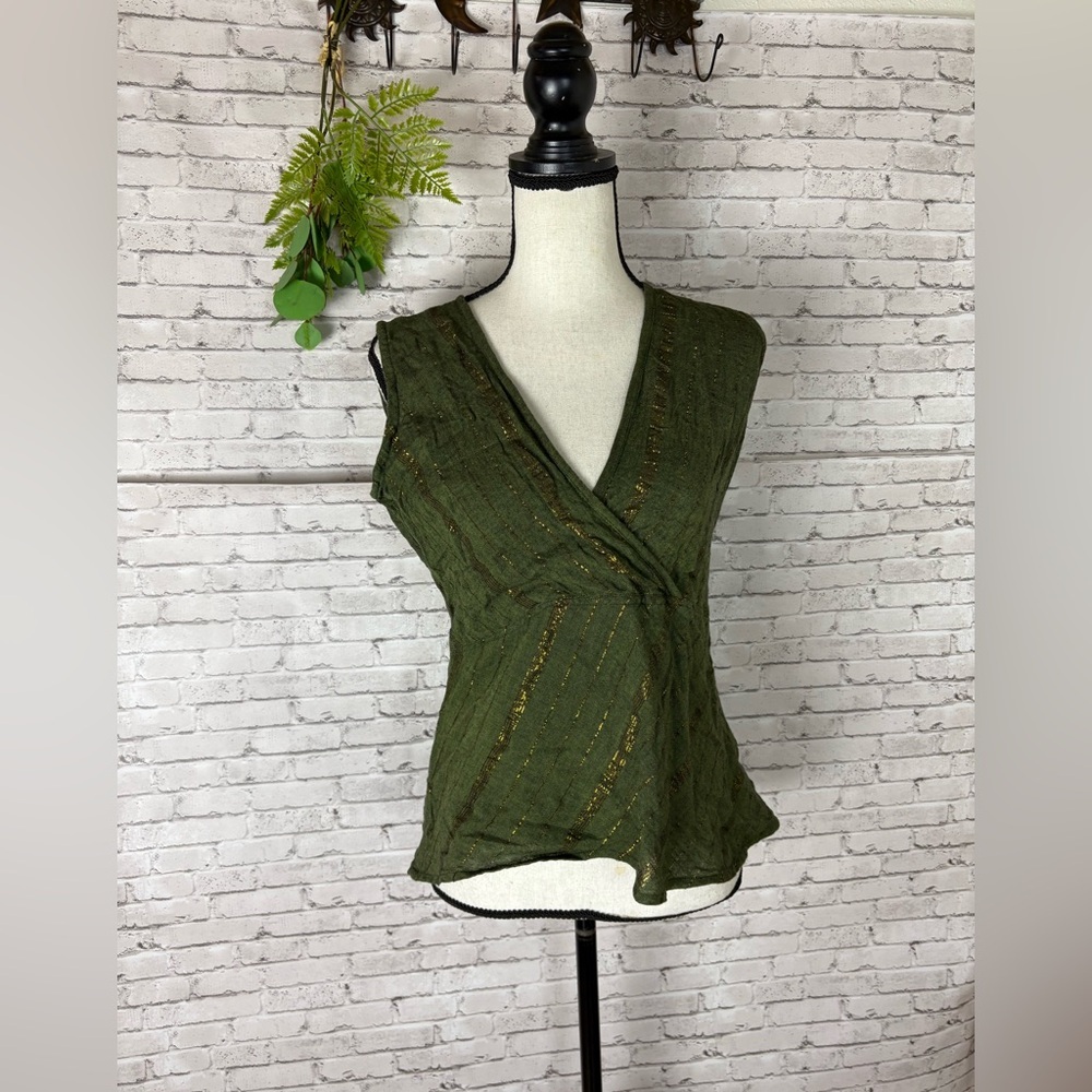 Vintage Cotton Green Striped Surplice Boho Sleeveless Top